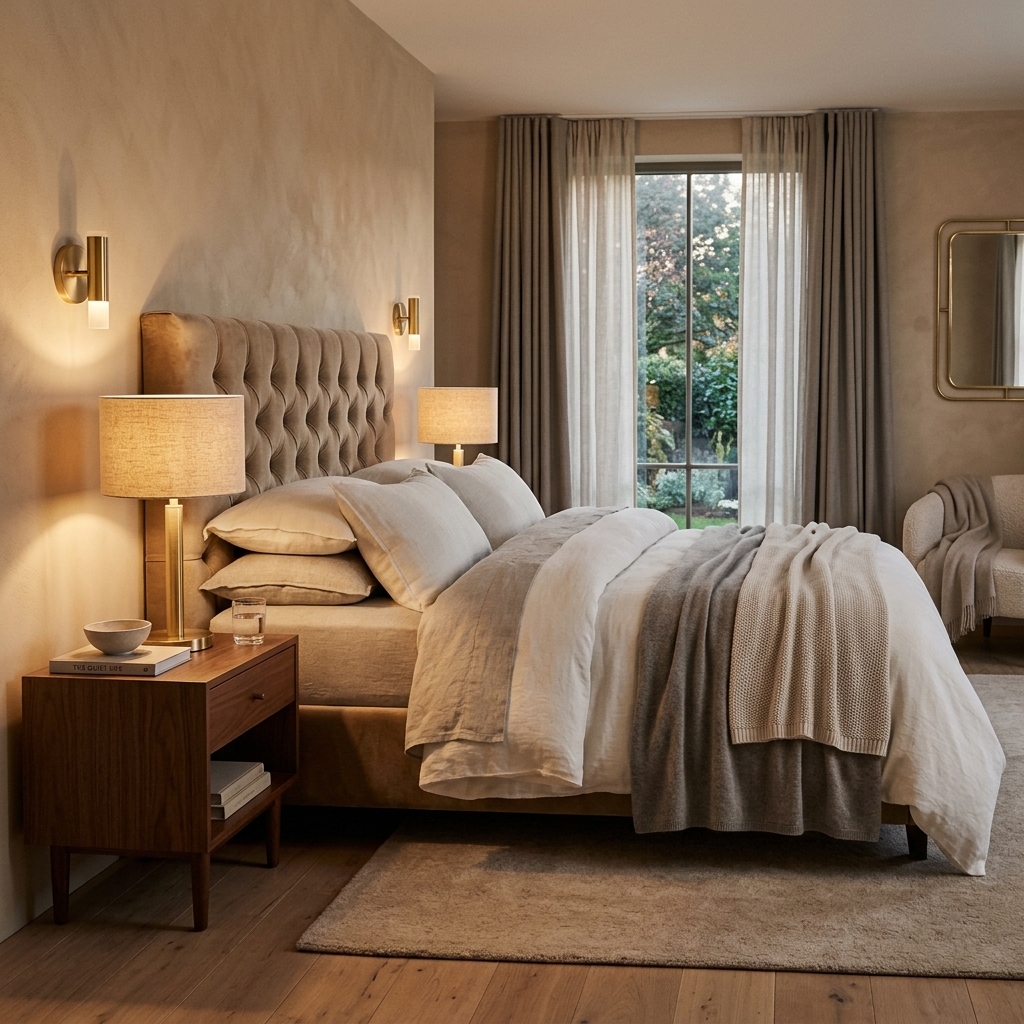 Warm tranquil master bedroom with linen and soft neutral colors