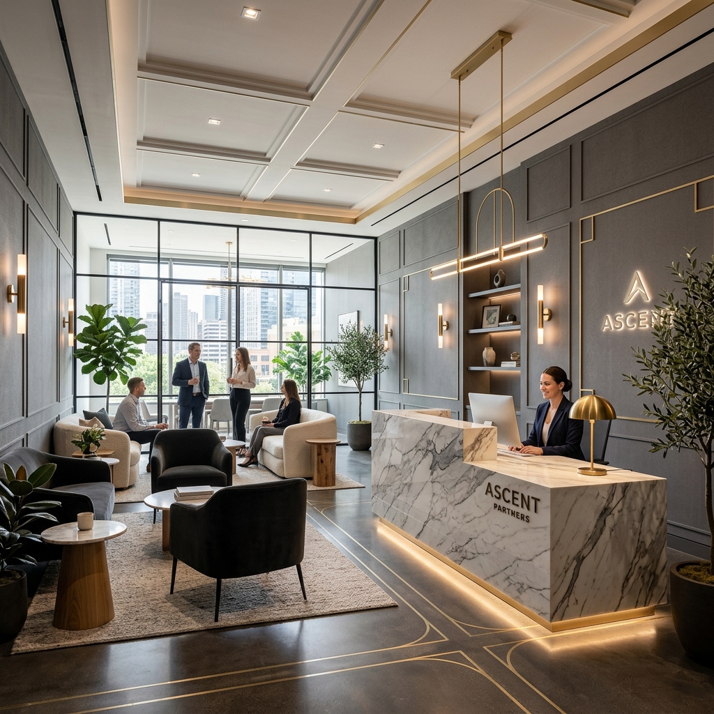 Boutique reception or modern lounge styling with charcoal walls and brass detail