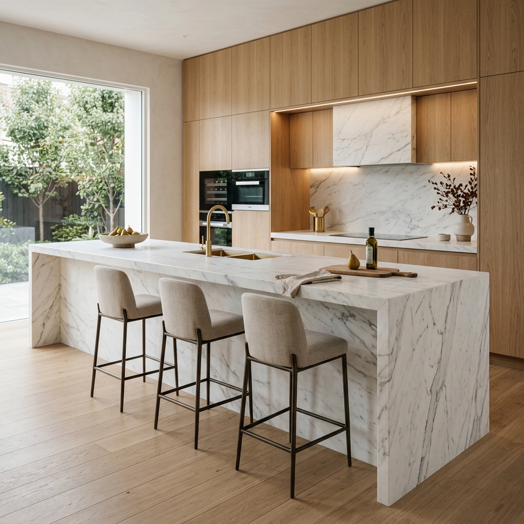 Luxury white marble modern kitchen interior