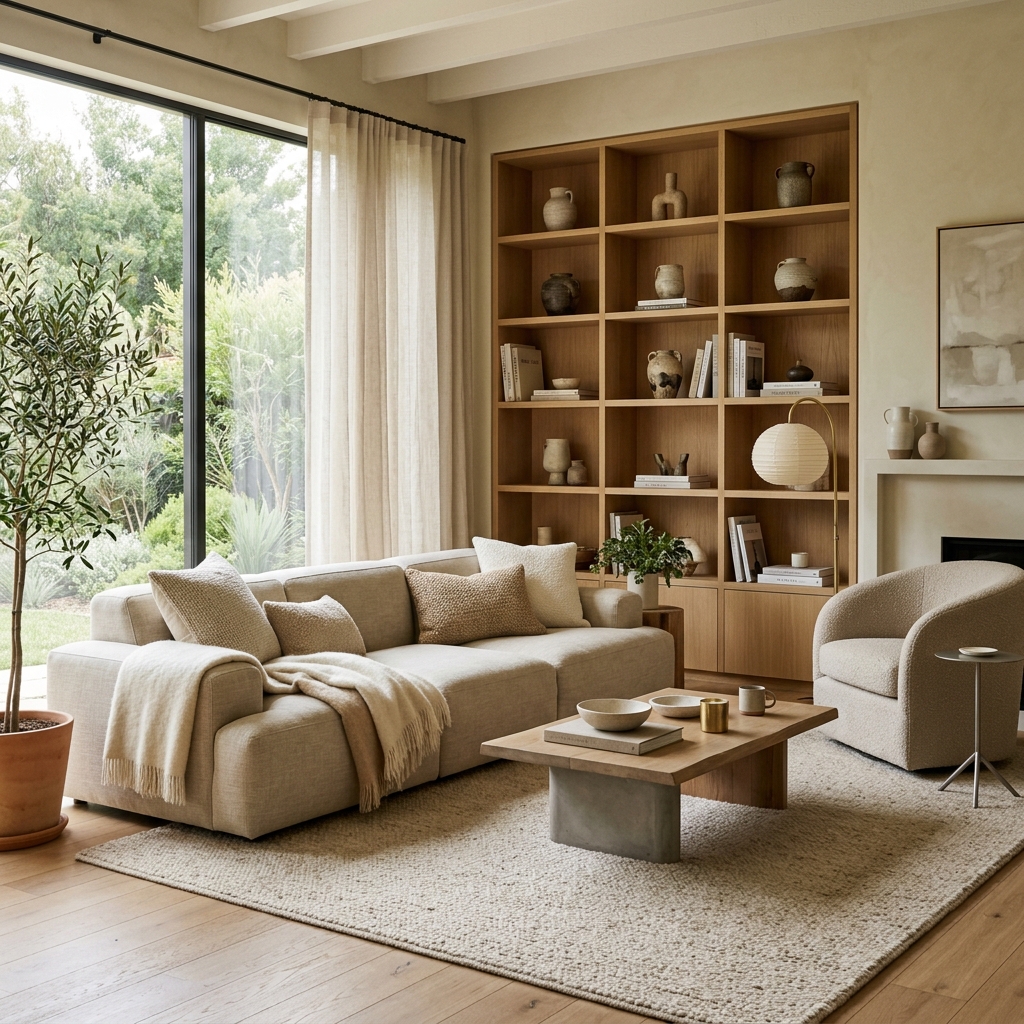 Luxury minimal living room design with beige finishes